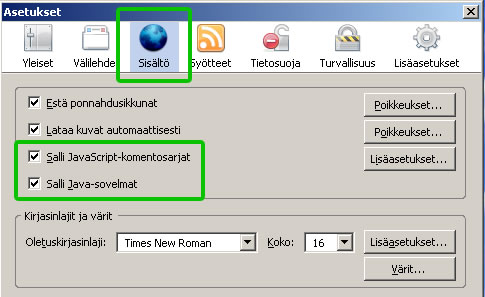 Kuva 1: Firefoxin Java-tuen kytkeminen