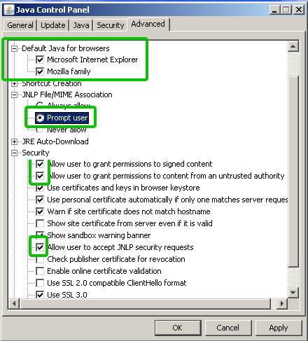 Kuva 11: Java-laajennuksen asetukset